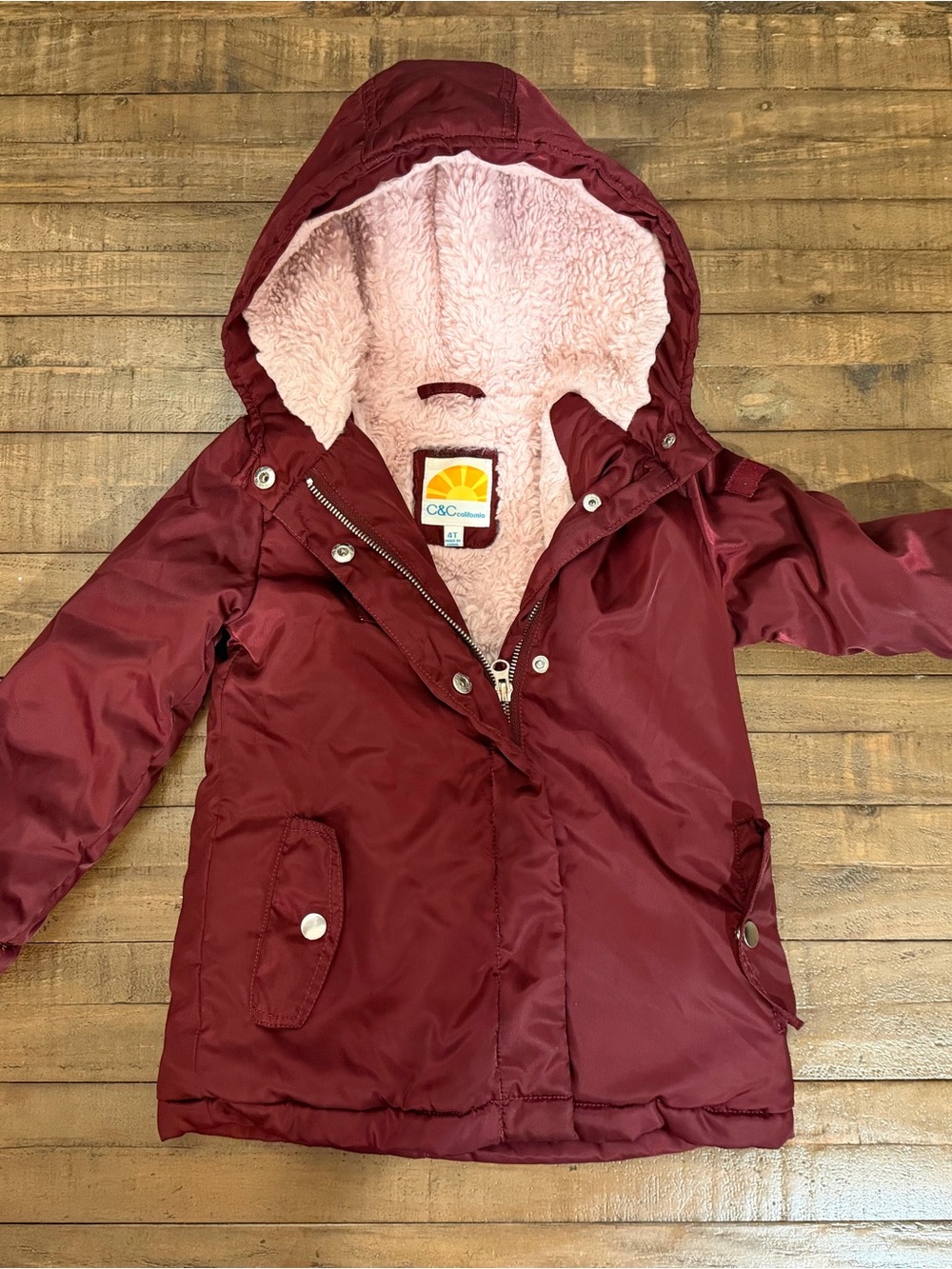 C&C California Kids Burgundy Hooded Puffer with Pink Sherpa Lining